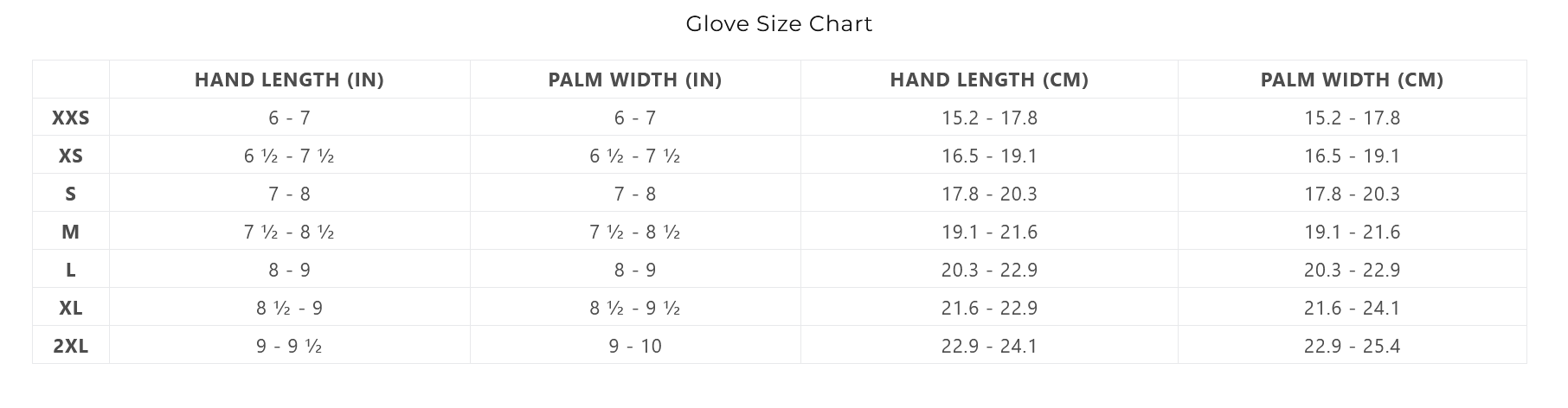 XCEL GLOVE SIZE 24 0 Größentabelle